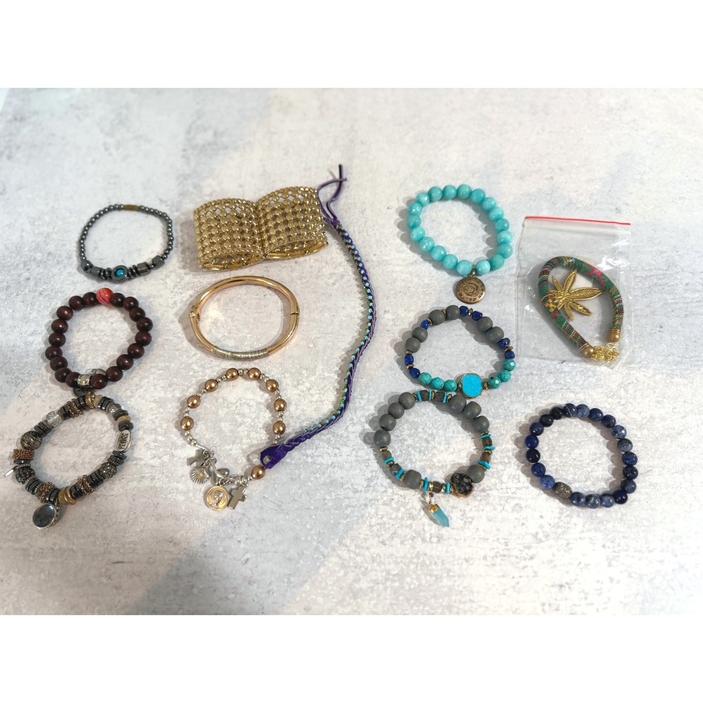 Boho Beaded Bracelet 12-pc Lot, Gold Cuff Bracelet, Adjustable Beaded Bracelets‎